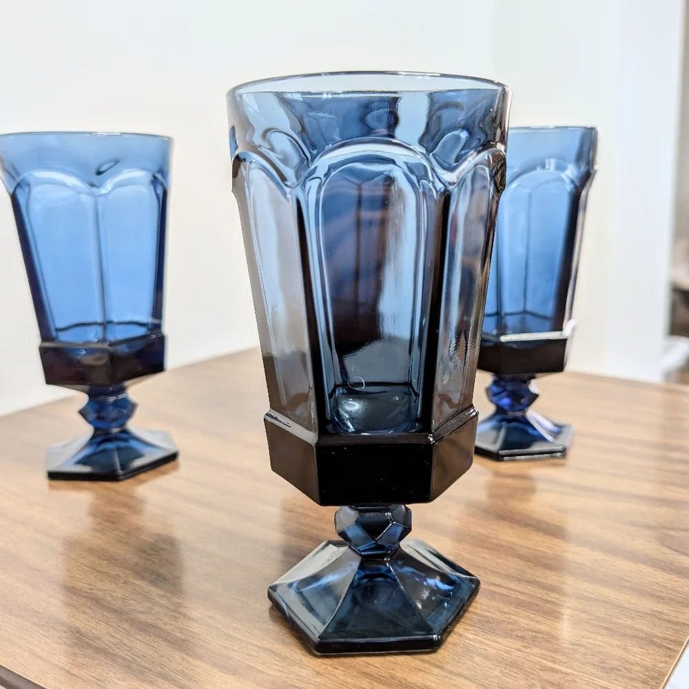 Set Of 4 Vintage 80s Dark Blue Virginia Pattern By Fostoria Ice Tea Glasses